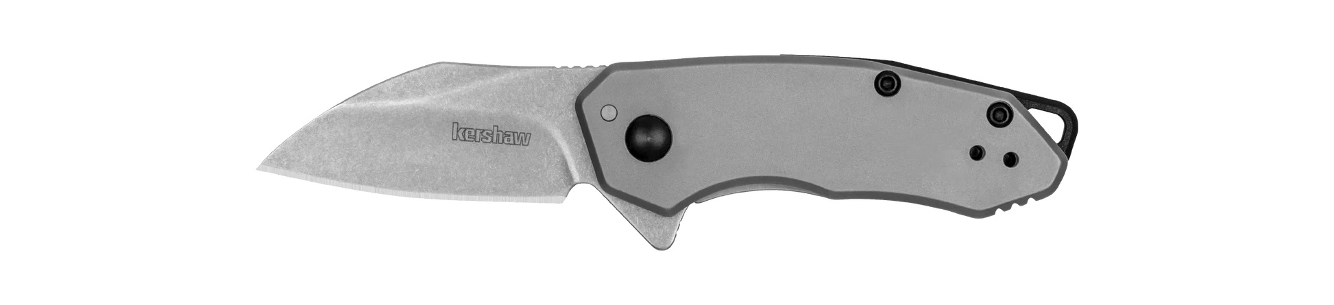 A sleek, silver Kershaw folding knife with a textured blade and a modern handle featuring black accents and ergonomic design.