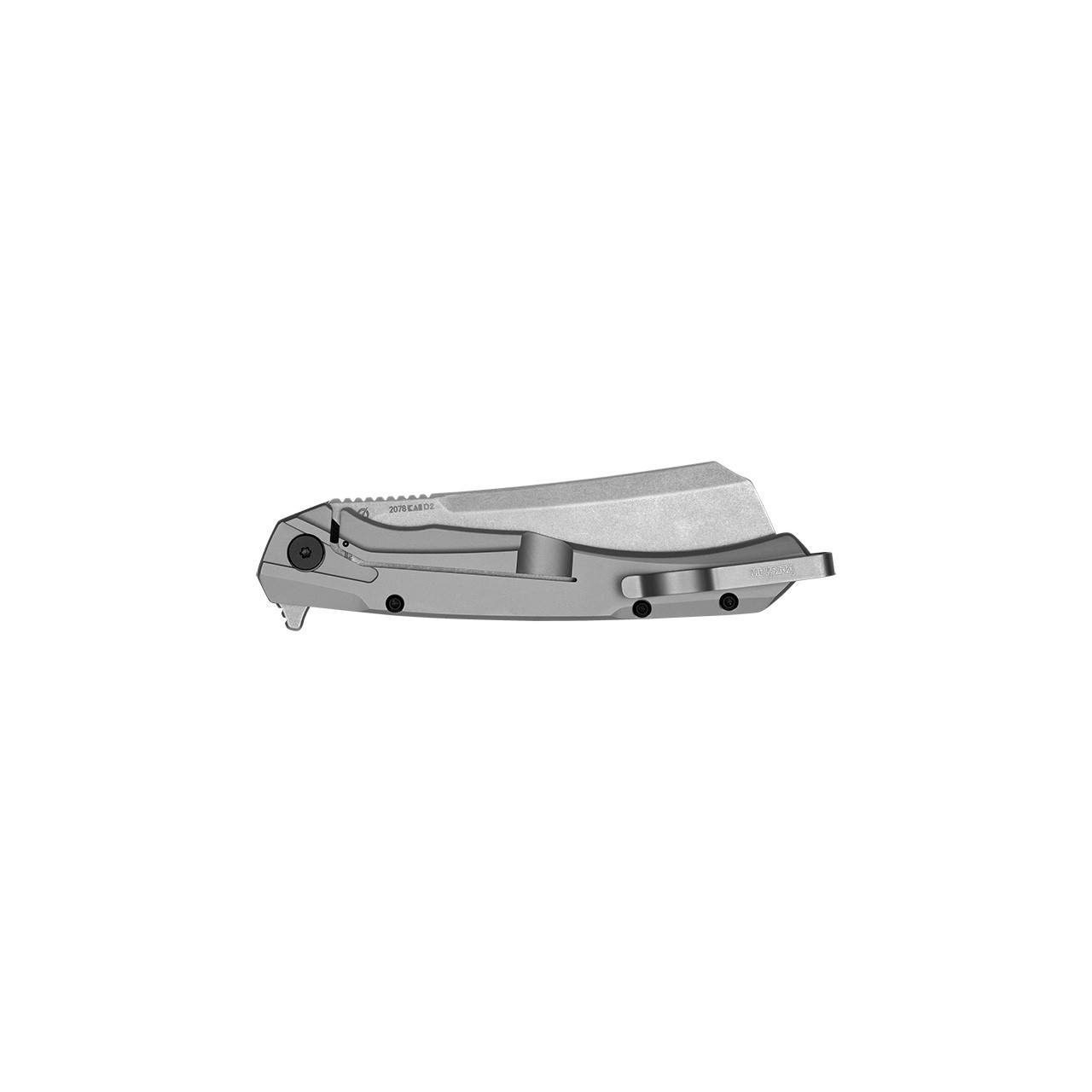 A sleek, folding knife with a metallic gray finish and a smooth blade design, showcasing a modern and minimalist style.