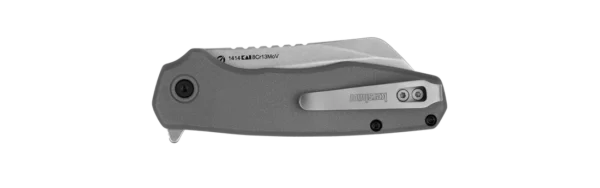 KERSHAW WHARF, a sleek, closed folding knife featuring a gray handle and silver blade with a secure pocket clip on the side.