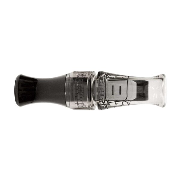 An etched clear glass mouthpiece with a black base on a white background.