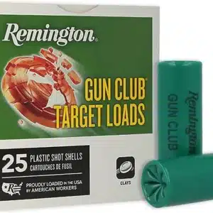 Box of Remington Gun Club Target Loads with two green shotgun shells displayed beside it.