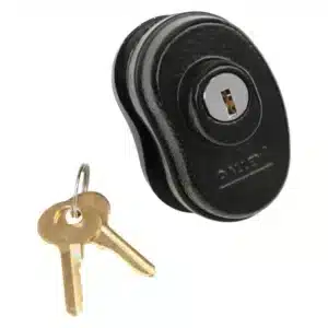 ALLEN COMPANY FIREARM TRIGGER LOCK WITH KEYS - A black oval lock with a keyhole, accompanied by a single brass key on a keyring.