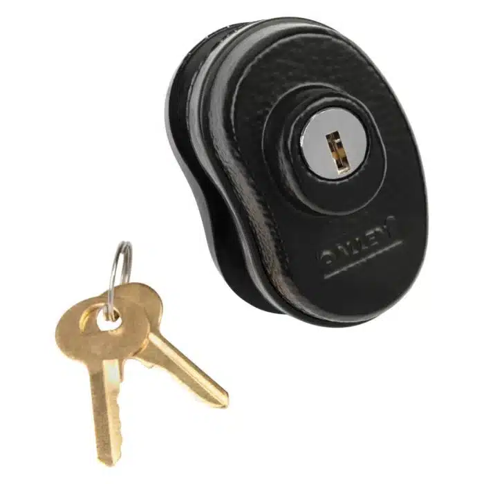ALLEN COMPANY FIREARM TRIGGER LOCK WITH KEYS - A black oval lock with a keyhole, accompanied by a single brass key on a keyring.