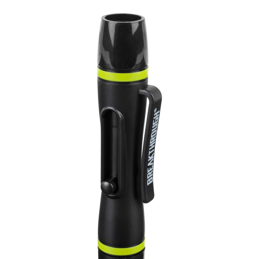 A black and neon yellow pen-style flashlight with a "BREAKTHROUGH" logo printed on the handle.