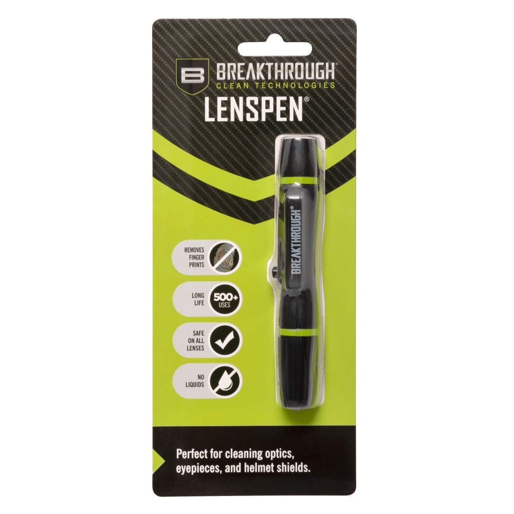 Breakthrough LensPen cleaning tool in packaging, a black pen-shaped device with lime green accents, designed for cleaning lenses, eyeglasses, and optics. The packaging details its features: removing fingerprints, long life with 500+ uses, safe for all lenses, and no liquids required.