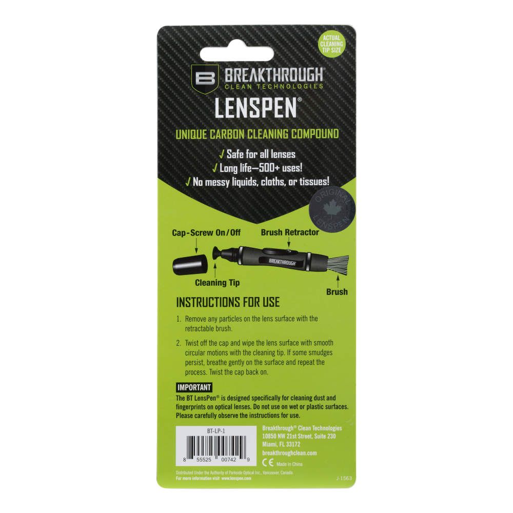 A product card for the LensPen, a carbon cleaning compound, with the product name and Breakthrough Clean Technologies logo at the top, followed by descriptive text, a product diagram, instructions for use, and product information.