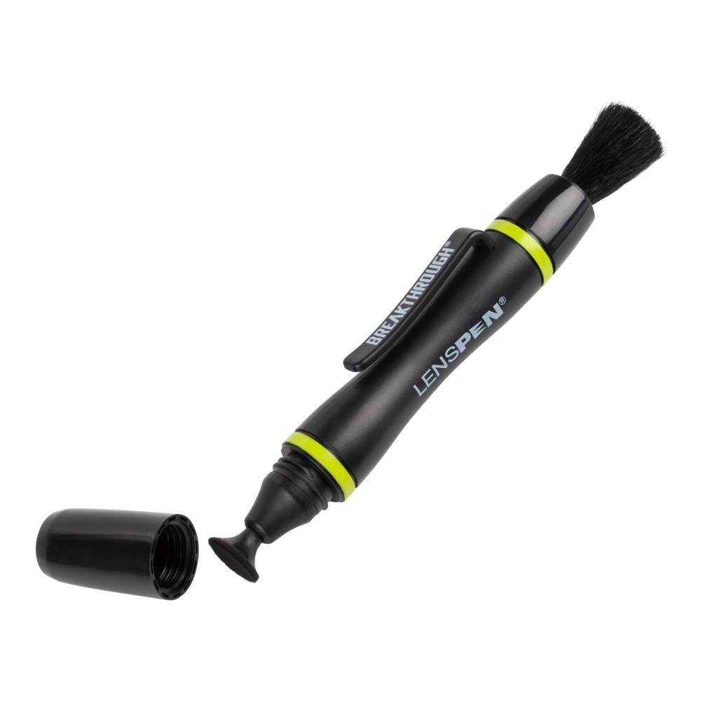ALLEN COMPANY LENS CLEANING PEN - Black LensPen with the cap removed, displaying a brush end, and the "BREAKTHROUGH LENS PEN" brand name along the side.