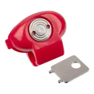 ALLEN COMPANY UNIVERSAL FIREARM TRIGGER LOCK - A bright red, plastic clip with a circular metal insert beside a small metal key, used for securing or releasing items.