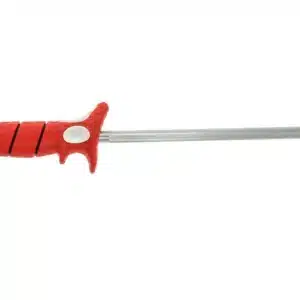 BUBBA BLADE 10-INCH HONNING STEEL - A red-handled honning blade with a textured grip and a long, slender stainless steel blade.