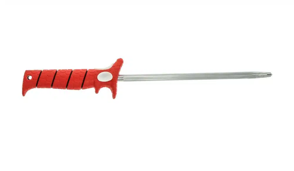 BUBBA BLADE 10-INCH HONNING STEEL - A red-handled honning blade with a textured grip and a long, slender stainless steel blade.