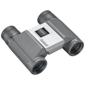 BUSHNELL 8X21 POWERVIEW 2 BINOCULAR - Compact gray binoculars with black rubber grips, featuring a central focus knob and a sleek design. Ideal for outdoor viewing.