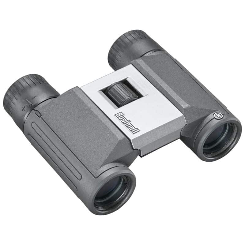BUSHNELL 8X21 POWERVIEW 2 BINOCULAR - Compact gray binoculars with black rubber grips, featuring a central focus knob and a sleek design. Ideal for outdoor viewing.