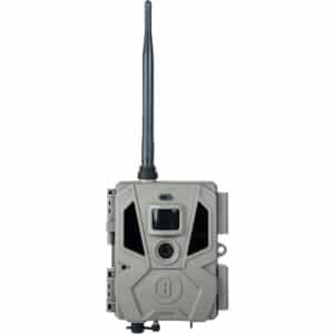BUSHNELL CULLUCORE 20 CELLULAR TRAIL CAMERA - A trail camera featuring a lens, antenna, and infrared sensor, designed for wildlife monitoring and outdoor use.