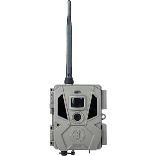 BUSHNELL CULLUCORE 20 CELLULAR TRAIL CAMERA - A trail camera featuring a lens, antenna, and infrared sensor, designed for wildlife monitoring and outdoor use.