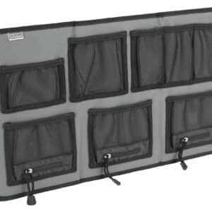 HANGING ORGANIZER - LARGE - Gray fabric organizer with eight mesh pockets, designed for storage and accessibility. Ideal for holding small items securely.