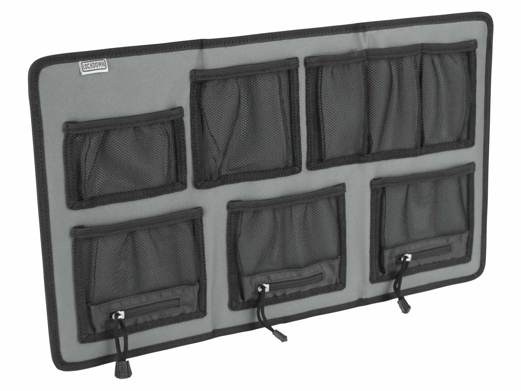 HANGING ORGANIZER - LARGE - Gray fabric organizer with eight mesh pockets, designed for storage and accessibility. Ideal for holding small items securely.