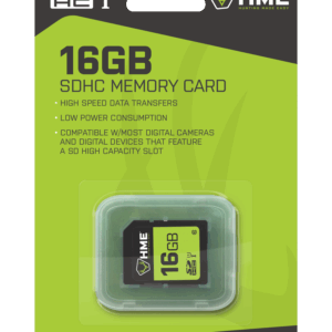 HME 16GB SD CARD - A package for a 16GB SDHC memory card with the brand name HME, featuring bullet points for high speed data transfers, low power consumption, and compatibility with digital cameras and devices, with the memory card visible in a plastic case.