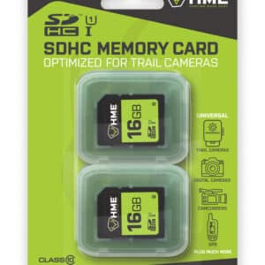 HME 16GB SD CARD - TWO PACK - Two 16GB SDHC memory cards in a clear case, labeled for use with trail cameras and compatible with various devices.
