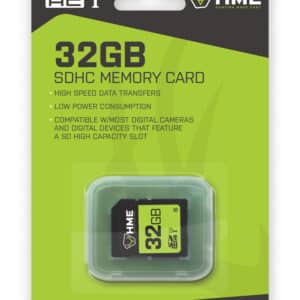 HME 32GB SD CARD - Packaging for a 32GB SDHC memory card, highlighting compatibility, high-speed data transfer, and low power consumption.