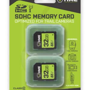 HME 32GB SD CARD - TWO PACK - Package of two 32GB SDHC memory cards from HME, optimized for trail cameras. The packaging is green and black, with icons representing compatible devices like trail cameras, digital cameras, camcorders, and GPS units.