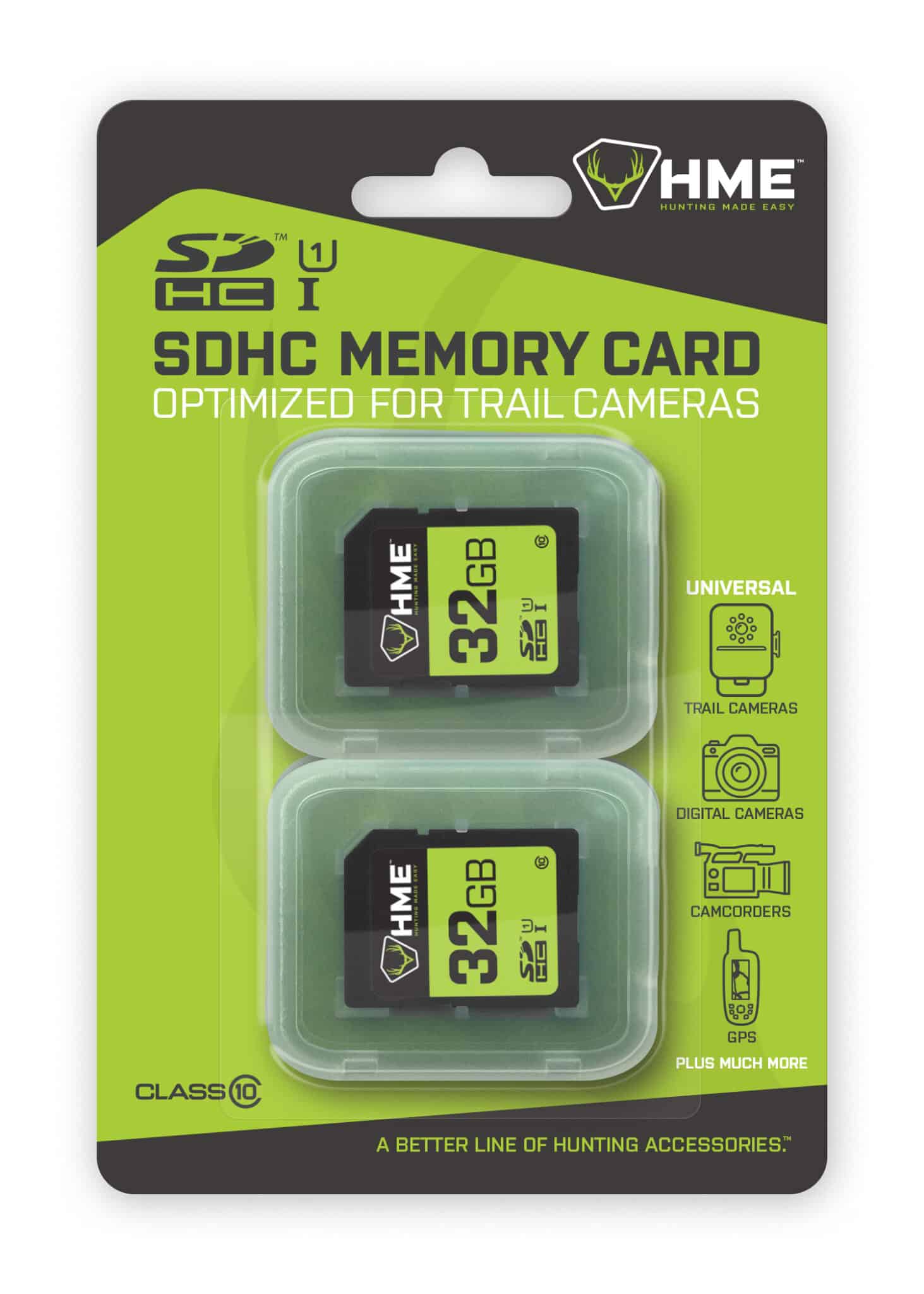 HME 32GB SD CARD - TWO PACK - Package of two 32GB SDHC memory cards from HME, optimized for trail cameras. The packaging is green and black, with icons representing compatible devices like trail cameras, digital cameras, camcorders, and GPS units.