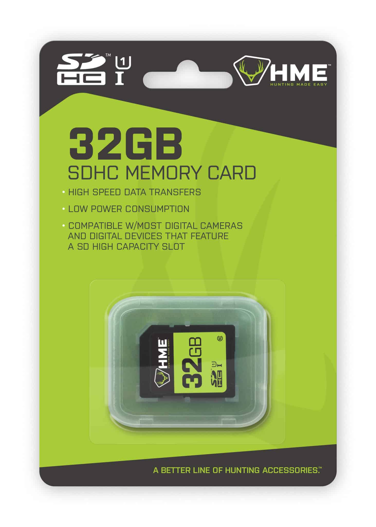 HME 32GB SD CARD - Packaging for a 32GB SDHC memory card, highlighting compatibility, high-speed data transfer, and low power consumption.