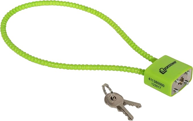 LOCKDOWN 15IN CABLE TRIGGER LOCK - Bright green locking cable with a padlock and two keys, designed for securing items.