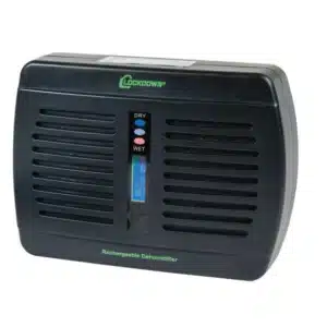 LOCKDOWN RECHARGEABLE DEHUMIDIFIER - A black rechargeable dehumidifier with indicator lights for dry and wet conditions, designed for moisture control in small spaces.