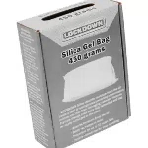 LOCKDOWN SILICA GEL PACKETS - 450G - A gray box labeled "Lockdown Silica Gel Bag 450 grams," detailing moisture absorption for storage with a visible silica gel bag illustration.