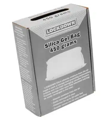 LOCKDOWN SILICA GEL PACKETS - 450G - A gray box labeled "Lockdown Silica Gel Bag 450 grams," detailing moisture absorption for storage with a visible silica gel bag illustration.