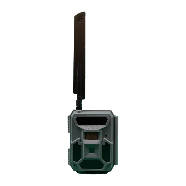 RECONECO OUTDOORS KUNUK HD CELLULAR TRAIL CAMERA - A gray electronic device with a protruding black antenna, featuring a sensor and control panel on the front.