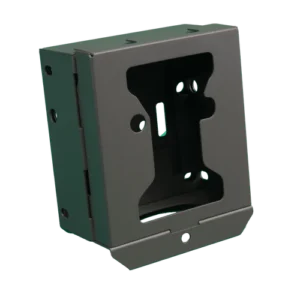 RECONECO OUTDOORS SCOUT HD SECUTITY BOX - Gray wall mount box with a rectangular opening, featuring side holes for installation and a base with a single screw hole.