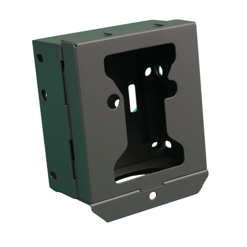 RECONECO OUTDOORS SCOUT HD SECUTITY BOX - Gray wall mount box with a rectangular opening, featuring side holes for installation and a base with a single screw hole.