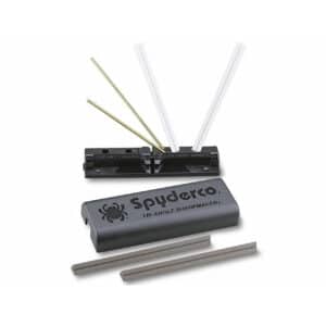 SPYDERCO TRI-ANGLE SHARPMAKER KNIFE SHARPENER - Spyderco Tri-Angle Sharpmaker tool with three sharpening rods and a base, designed for knife edge maintenance.