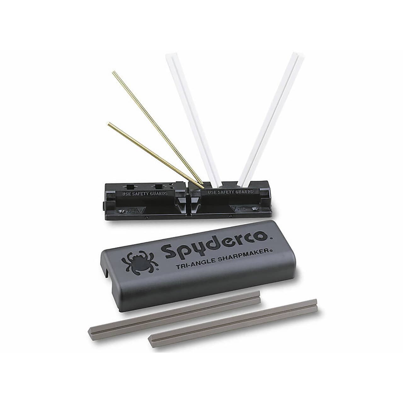 SPYDERCO TRI-ANGLE SHARPMAKER KNIFE SHARPENER - Spyderco Tri-Angle Sharpmaker tool with three sharpening rods and a base, designed for knife edge maintenance.