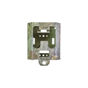 SPYPOINT SB-200 - TRAIL CAMERA SECURITY BOX - A camouflage camera mount with a secure base and cutouts for placement, blending seamlessly with the natural environment.