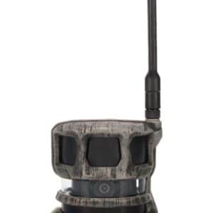 STEALTH CAM REVOLVER PRO 360-DEGREE CELLULAR TRAIL CAMERA - A "Stealth Cam" trail camera with a camouflage exterior, featuring a lens, sensor, and antenna for wireless data transmission.
