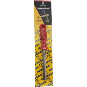 WARTHOG SERRATED KNIFE SHARPENER - 325 GRIT - Red-handled serrated hone for sharpening tools, packaged with a yellow background featuring a repetitive logo pattern.