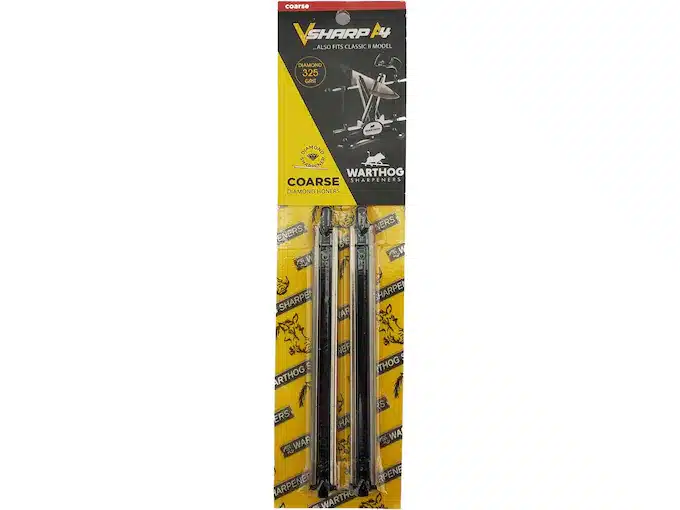 WARTHOG V-SHARP CLASSIC II DIAMOND KNIFE SHARPENING STONE - V-Sharp A4 knife sharpener with coarse diamond honing rods, packaged in vibrant yellow. Ideal for precision sharpening.