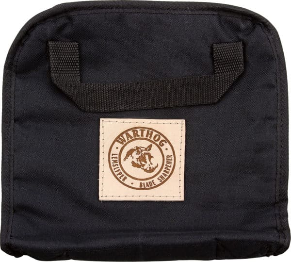 Black fabric bag with a handle and a Warthog brand logo patch, labeled "Lensewer Blade Sharpener."