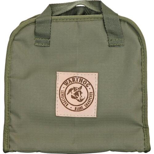 Olive green fabric pouch with a top handle and a leather patch featuring the Warthog logo and text: "Warthog, Ensuring Blade Sharpness."