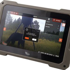 WILDGAME INNOVATIONS TRAIL PAD TABLET SD CARD VIEWER - A rugged tablet displaying a user interface with a landscape scene, showing a device status message and options menu.