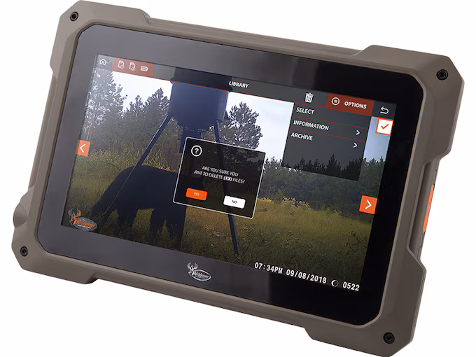 WILDGAME INNOVATIONS TRAIL PAD TABLET SD CARD VIEWER - A rugged tablet displaying a user interface with a landscape scene, showing a device status message and options menu.