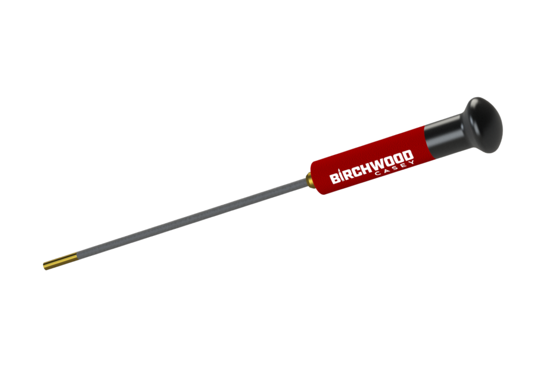BIRCHWOOD CASEY - 270-50 CAL PISTOL CARBON CLEANING ROD - A Birchwood Casey cleaning rod with a red handle and a metal shaft, designed for maintaining firearms.