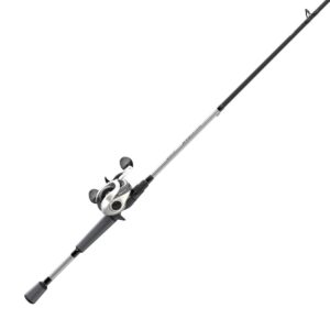 QUANTUM THROTTLE 100 662MH LH BC COMBO - A fishing rod with a spinning reel, featuring a sleek silver and black design, positioned diagonally against a white background.