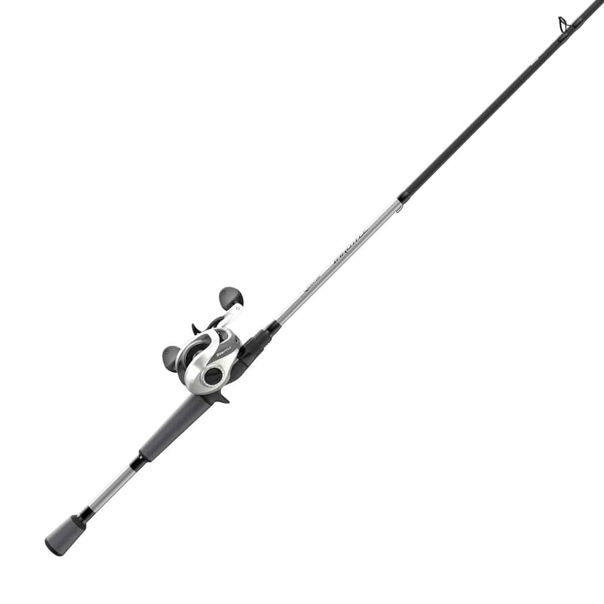 QUANTUM THROTTLE 100 662MH LH BC COMBO - A fishing rod with a spinning reel, featuring a sleek silver and black design, positioned diagonally against a white background.