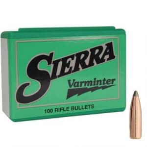 A box of Sierra Varminter rifle bullets with one bullet displayed alongside.