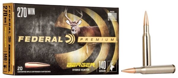 A box of Federal Premium .270 Winchester cartridges with a deer logo, containing 20 bullets, alongside two bullets displayed.