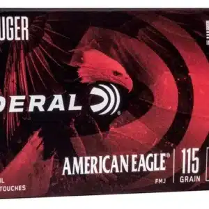 Box of Federal American Eagle 9mm Luger 115 grain FMJ cartridges with a single bullet beside it.