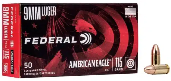 Box of Federal American Eagle 9mm Luger 115 grain FMJ cartridges with a single bullet beside it.